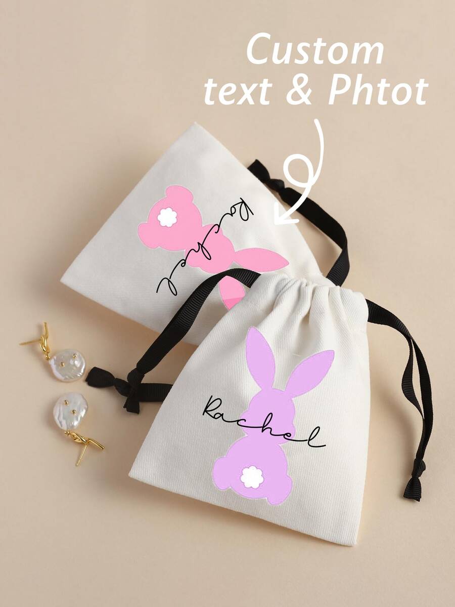 1 Stück personalisierte Ostergeschenktüten: Bunte Kaninchen Leinwand Aufbewahrungstaschen, personalisierte Aufbewahrungstaschen mit blauem Kaninchen Text, Ostergeschenke, personalisierte Schmuckverpackung, personalisierte Logos, staubdichte Geschenktüten