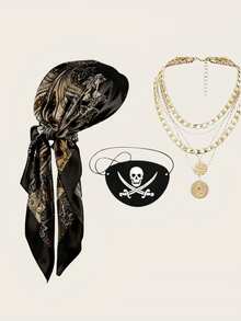三件套嘉年华派对服装套装 - 新款缎面海盗头箍、腰带、毛毡骷髅面具和眼罩，趣味角色扮演中世纪文艺复兴海盗装扮，含海盗面具，适合情人节化装舞会、圣诞派对等场合。 - 彩色 - 查看 3