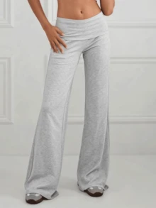 Women Daily Casual Soft Comfy Knit Fabric High Waist Elastic Waistband Slim Fit Flared Leg Solid Color Basic Long Trousers - Grey - View 6