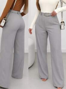 Tailored Wide-Leg Trousers With Belt. - 灰色 - 查看 2