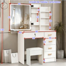 Tocador con Espejo y Luces LED, Vanity de Maquillaje con 3 Modos de Iluminación Ajustable, Incluye taburete Diseño Moderno con 5 Cajóns - Blanco-Derecha - Ver 2