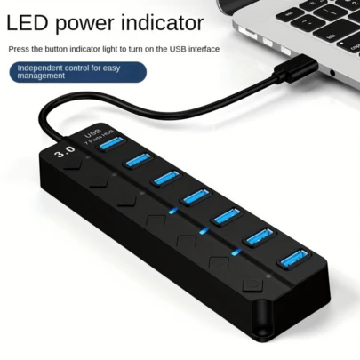 1pc USB 3.0 Hub, 7 Port USB Hub Splitter With Individual On/Off Switch And Indicator Light, Compatible With USB-C Laptops Like Pro, IMac, IPad Pro And Other USB-C Devices