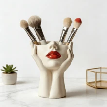 1pc Ins Style Abstract Minimalist Nordic Makeup Brush Holder With Face Rest Design, Desktop Storage Organizer Vase - White - View 4