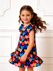 女童彩虹爱心印花连衣裙，短袖A字娃娃裙，荷叶边下摆，甜美公主风休闲度假百搭连衣裙 - 黑色 - 查看 3