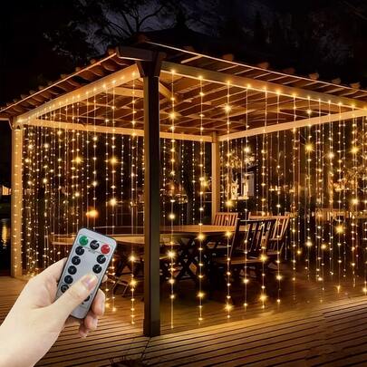 8功能遥控USB供电LED窗帘灯串，适用于生日、厨房、派对、婚礼、室内、DIY、节日、家居、情人节、花园、客厅、卧室、厨房、户外、露营等场合的装饰。