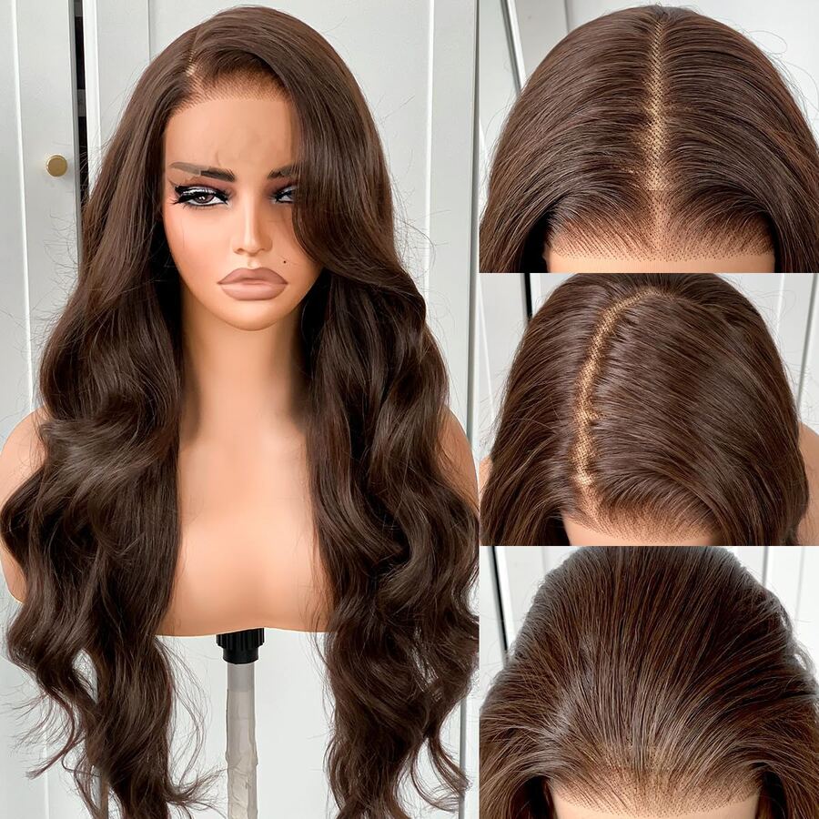 Dark Brown Color 26Inch 13X6 Transparent Lace Front Wig With Baby Hair For Women Body Wave Synthetic Heat-Resistant Wig - Dark Brown - Xem 1