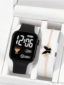 1块卡通爱心方形数字女士手表和1条女士手链，情人节、圣诞节、毕业典礼、返校礼物，电子表，适合日常佩戴 - 彩色 - 查看 14