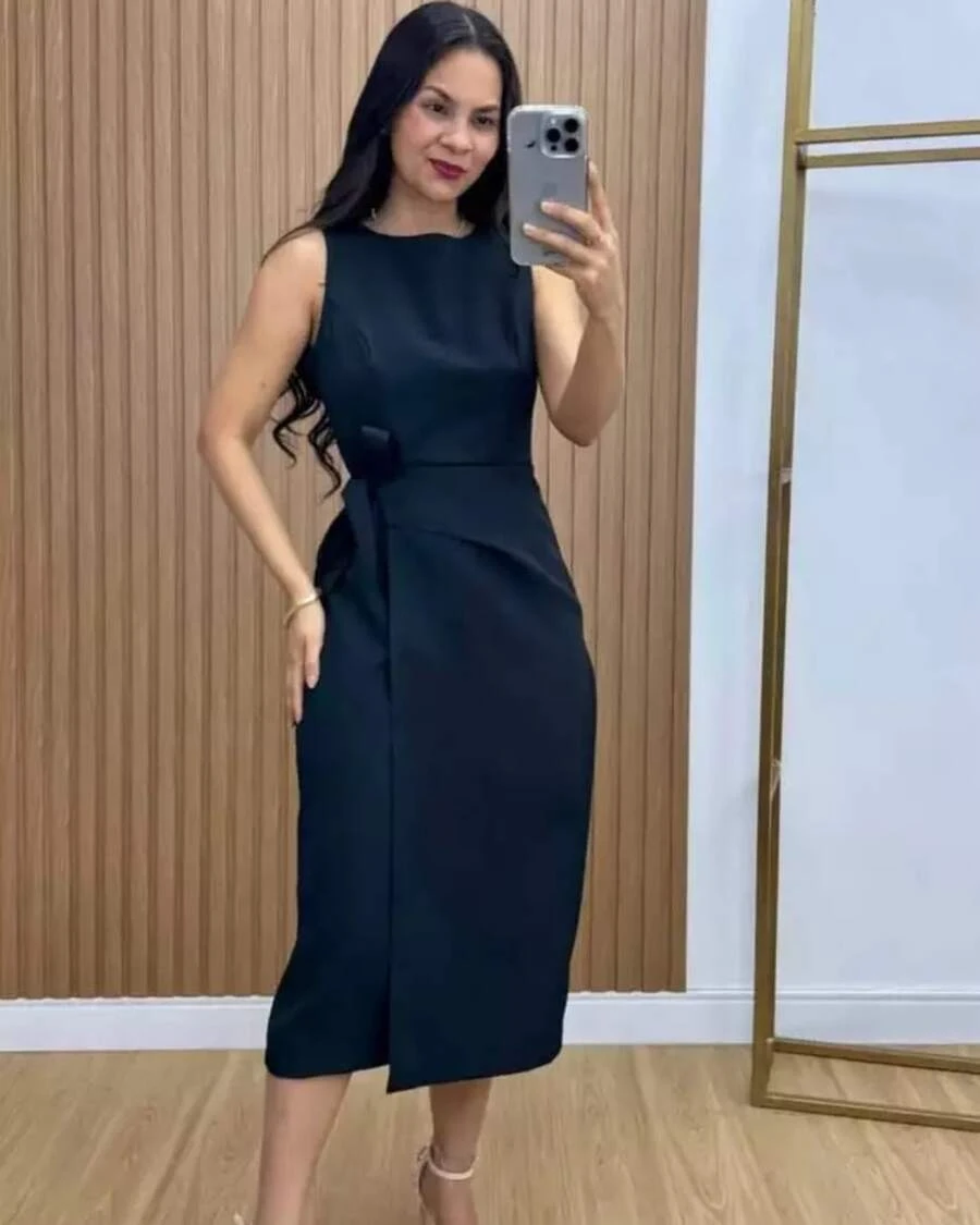 Women's Tailored Midi Dress With Elegant Side Tie - 黑色 - 查看 1