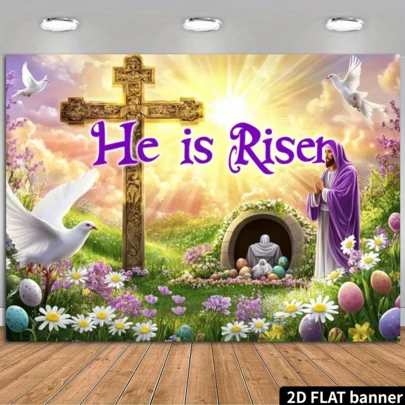 2D Flat Easter Backdrop, Golden Cross, White , Colorful Eggs, Flowers, Text "He Is Risen", Sacred Atmosphere, Church Decor, Religious Event Decoration, Suitable For Festival Party Decoration, Celebration Background, Multipurpose Decor, Holiday Gift, Polyester Material, No Power Required