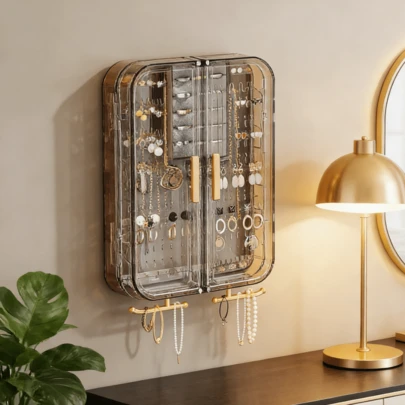 صندوق تخزين المجوهرات قطعة واحدة، صندوق مجوهرات متعدد الوظائف للأقراط والعقود، حامل مجوهرات أنيق مثبت على الحائط