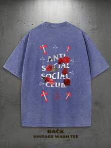 OM Studio - Retro Washed T-Shirt Double Sided Printed (230 Pure Cotton T-Shirt) Red Eyes Logo & Anti Social Club, Men's T-Shirt, Men's Casual, Comfortable, Fashionable T-Shirt, Street Style Cotton Size S XXXL, Ideal For Team Sports & Casual Attire, Gift For Family And Friends. - Royal Blue - View 2