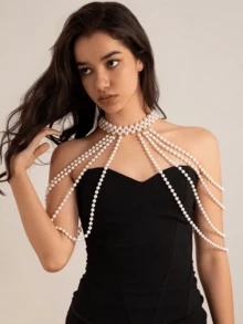 DEKUNER Elegant Multi-Layer Faux Pearl Handmade Beaded Necklace, Women's Wedding Party Accessory, Versatile Sweater Chain - White - View 13