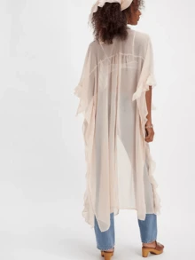 Women Chiffon See Through Flowy Maxi Top Tie Front Kimono Cardigan Sheer Long Sleeve Ruffled Duster Layering Shirt Cover Up - White - View 2