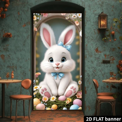 2D 平面复活节欢迎横幅，兔子戴着蝴蝶结坐在装饰着鲜花和彩蛋的门口，2D 横版帆布横幅，可用于装饰门、房间、窗帘、旗帜、墙壁、窗户