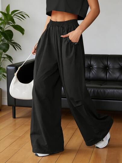 女士弹力腰带休闲裤，带口袋，宽松版型，运动工装风格，适合健身、户外活动、跳舞、通勤等场合，四季皆宜。