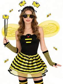 Carnival Bee Themed Party Costume Props Set, Includes Bee Socks, Arm Sleeves, Skirt, Headband, Glasses, Wand, Wings, Made Of Polyester Fiber - Yellow - View 3