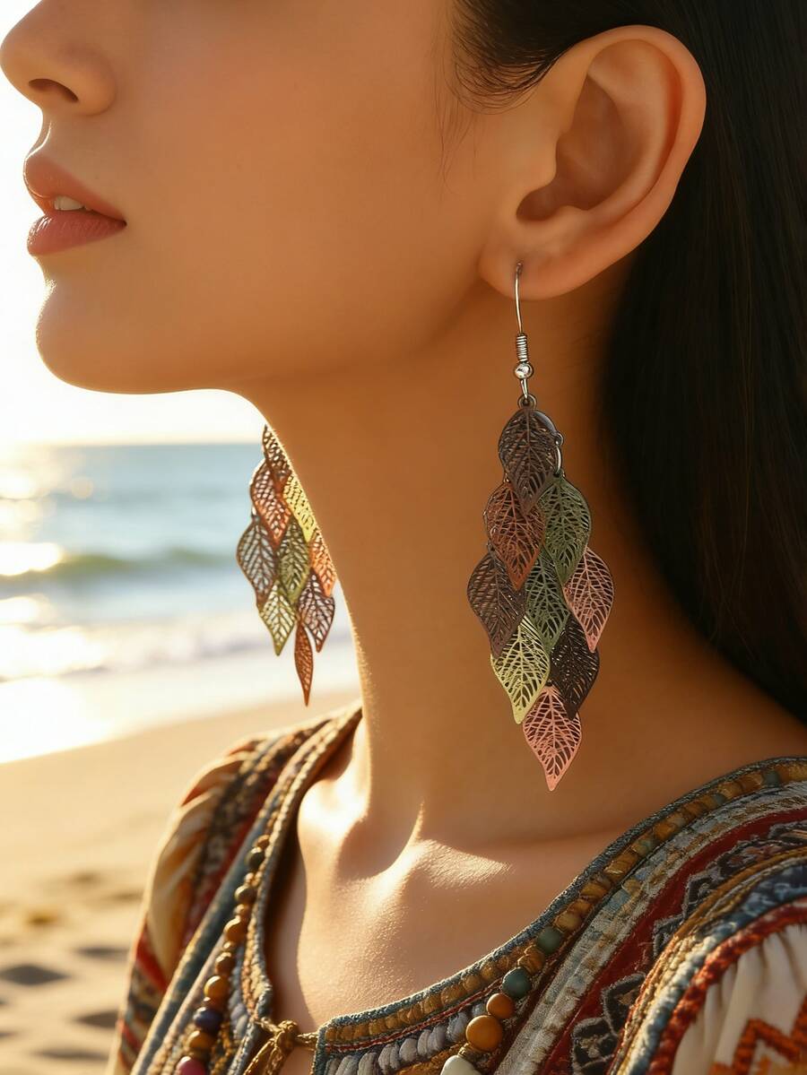 1对时尚简约韩版复古镂空叶子流苏吊坠耳环，适合女性日常佩戴、约会、情人节和生日礼物 - 棕綠 - 查看 1