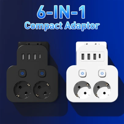 2 enchufes de CA + 3 USB + 1 adaptador de viaje multifunción Tipo C, extensor de enchufe de pared compacto y portátil adecuado para oficina, viajes, juegos, hogar, escuela
