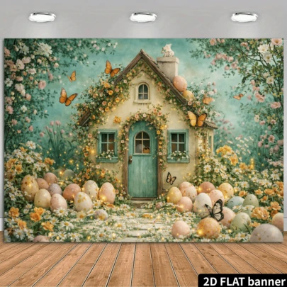 2D Flat Dreamy Garden Backdrop, Fairy Tale Cottage, Green Door, Colorful Eggs, Butterflies, Pink Flowers, Yellow Flowers, Suitable For Easter, Birthday Party, Photography Background, Home Decor, Made Of Polyester, No Power Required