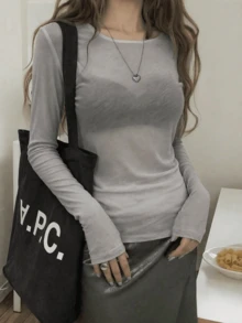 Y2K 弹力透视长袖圆领修身T恤 - 灰色 - 查看 2