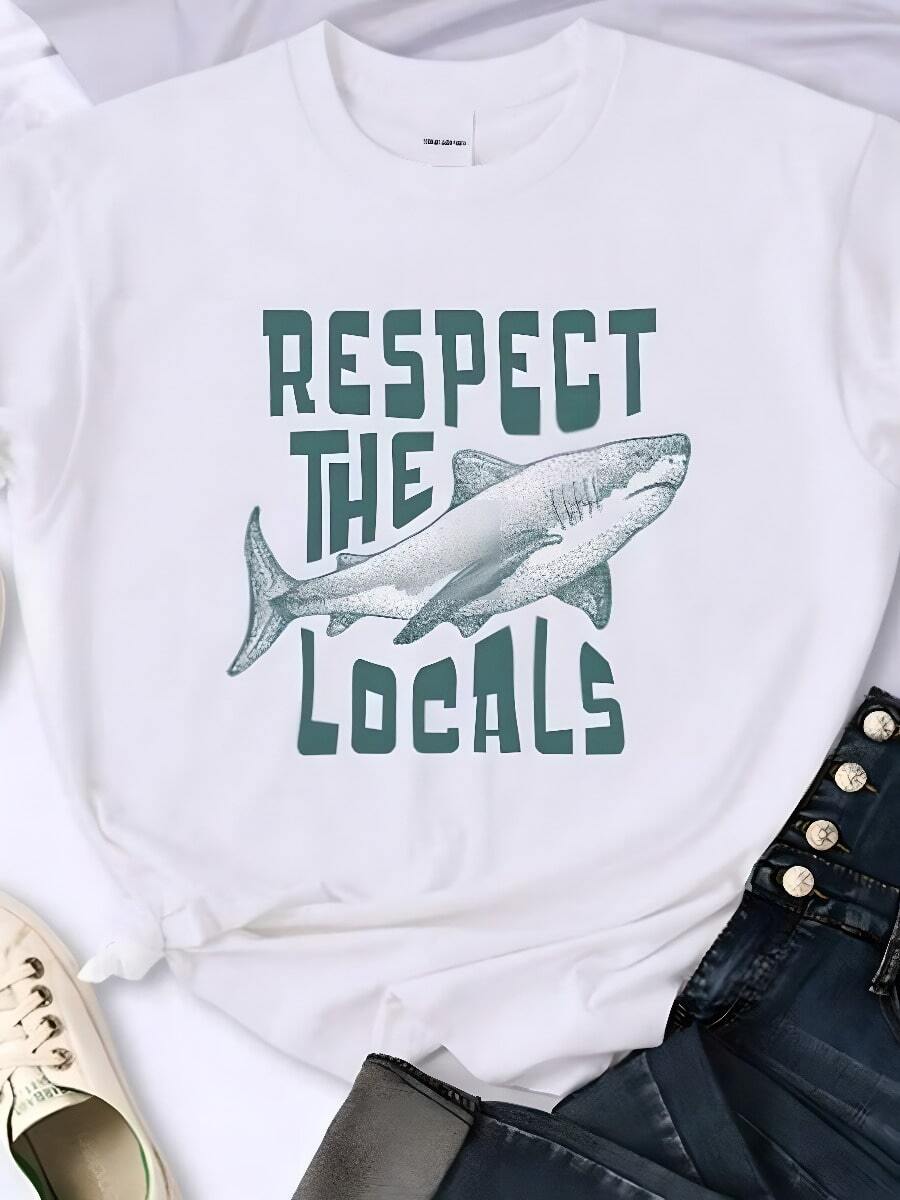 COOL SUMMER Respect The Locals Shark Prints Men Tee Clothing Casual Personality T Shirts Street Hip Hop Short Sleeve Summer Mens Tops - 白色 - 查看 1
