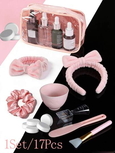 1 Set/17pcs Women Travel Organizer Set, Includes (Hair Tie + Headband + Makeup Bag + Face Mask Bowl Set + Compressed Face Towels*10), Suitable For Travel Or Daily Carry, Wedding Favor Gift Set|Spa Birthdayparty Supplies For Girls