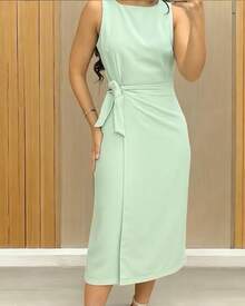 Women's Tailored Midi Dress With Elegant Side Tie - Màu xanh nhạt - Xem 2