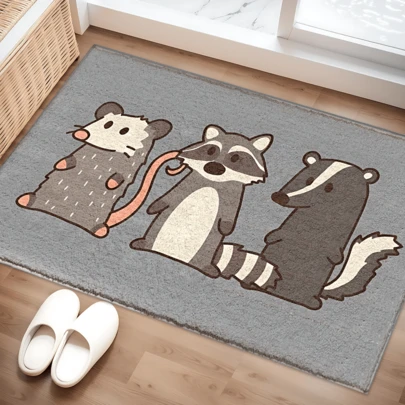 1 pièce Tapis imprimé avec motif de raton laveur, opossum et moufette, tapis en fausse laine - Très absorbant, facile à nettoyer, convient pour la décoration de la maison de style ferme, l'entrée, l'intérieur, la décoration de la pièce, la cuisine, la salle à manger, le petit bureau/bureau à domicile, l'évier, la buanderie, le tapis, le tapis de cuisine, le tapis antidérapant, le paillasson d'entrée