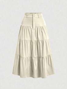 Kliou Fashion Women's Simple Casual Skirt With Ruffled Hem, Zipper, Button, High Waist, Three Tiers - Màu be 1 - Xem 1