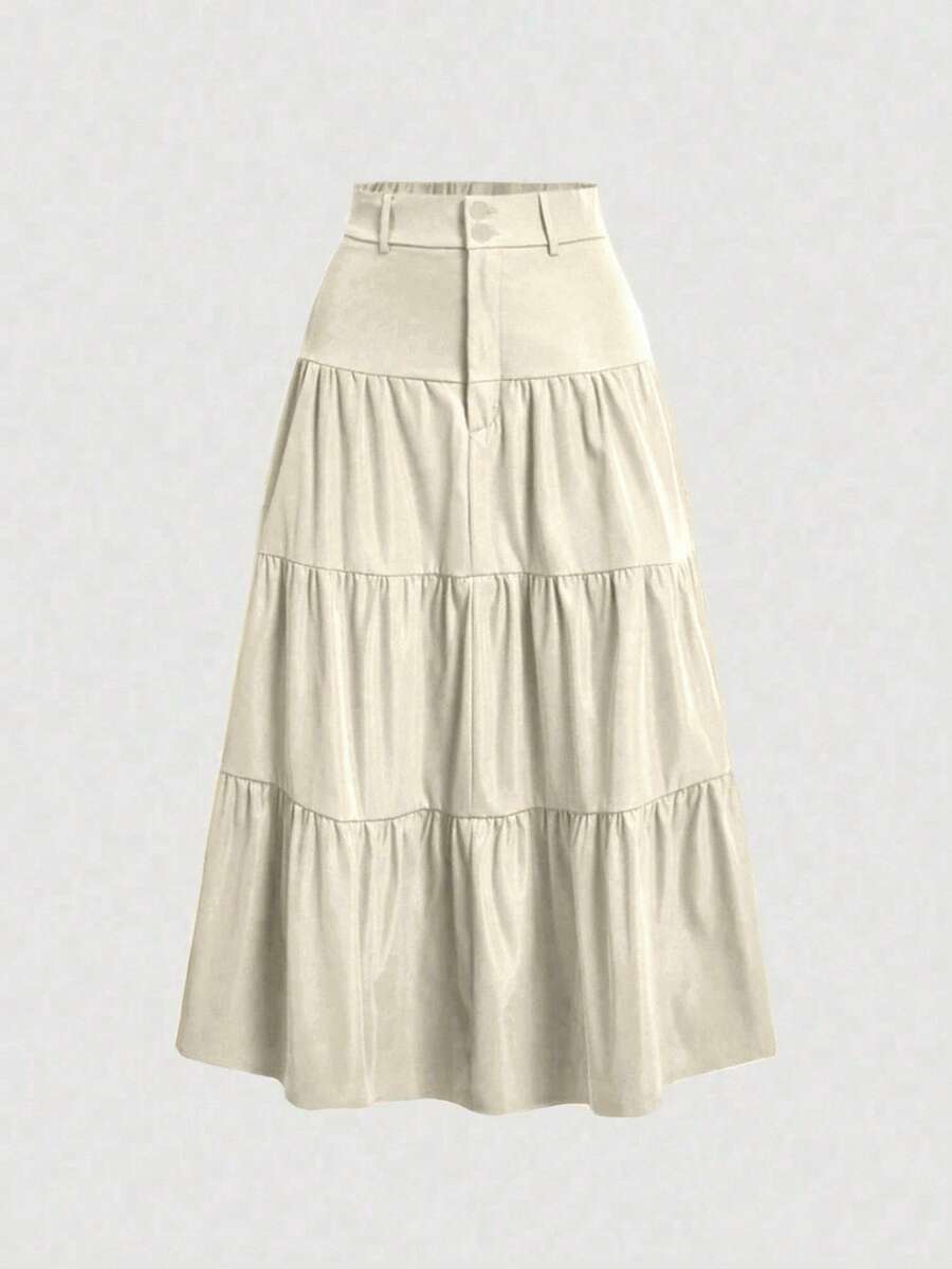 Kliou Fashion Women's Simple Casual Skirt With Ruffled Hem, Zipper, Button, High Waist, Three Tiers - Màu be 1 - Xem 1