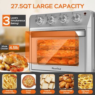 27.5QT 6-In-1 Air Fryer Toaster Oven Dropdown-Door 6-Slice Countertop Convection Oven For Air Frying, Baking, Roasting, Broiling & Grilling, 1600W, Sliver