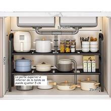 Estante de fregadero telescópico, armario de almacenamiento bajo el fregadero, estante de almacenamiento retráctil para fregadero, soporte de estante de cocina ajustable, estante de almacenamiento multifuncional, productos para el hogar, herramientas de fregadero para cocina, baño, dormitorio, sala de estar - Negro - Ver 3