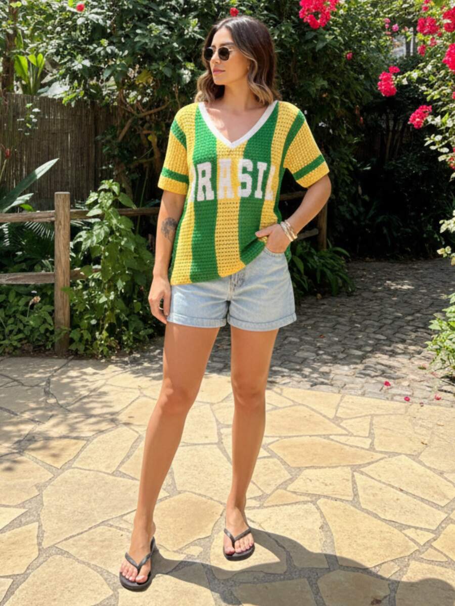 Brazil National Team Knit Shirt, Openwork Fabric, V-Neck, Knit Style, Brazil World Cup, Beach, Vacation Look - Xanh lá và vàng - Xem 1