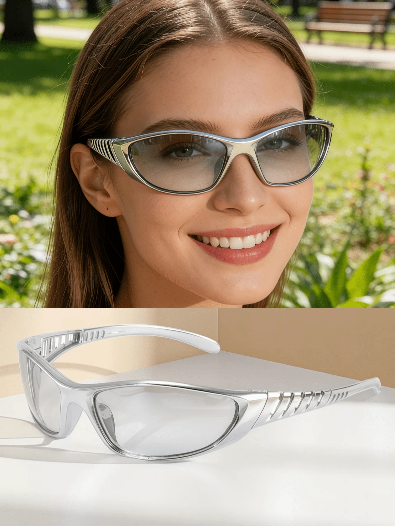 1 Paar silbrige futuristische Retro-Brille, Cut Out Bügel, atmungsaktiver Rahmen, lässiger Streetwear-Stil, bohemian Party-Dekoration, Punk-Quadrat-Klassiker Brillen, unisex Modebrillen, Kunststoffrahmen, Dubai Schwarz, West Coast Hip Hop Stil, Dark Heavy Metal Musikfestival, geeignet für Sommer, alle Jahreszeiten, Urlaub, Pendeln, Outdoor-Aktivitäten - Verschiedenfarbig - Übersicht 1