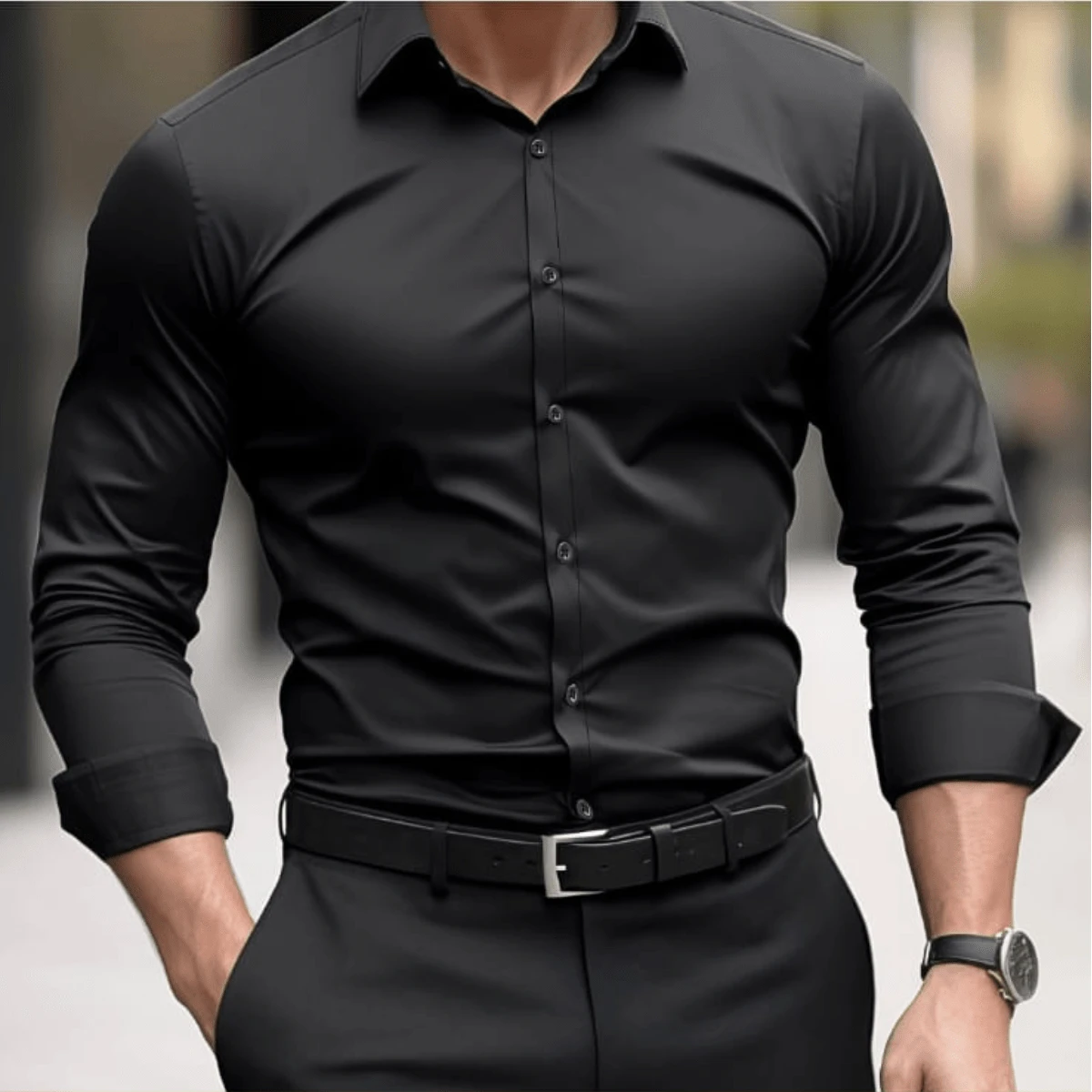 Men's Plain Black Shirt With Collar, Regular Length, Sleeves To The Wrist And Raw Wash Details. - màu đen - Xem 1