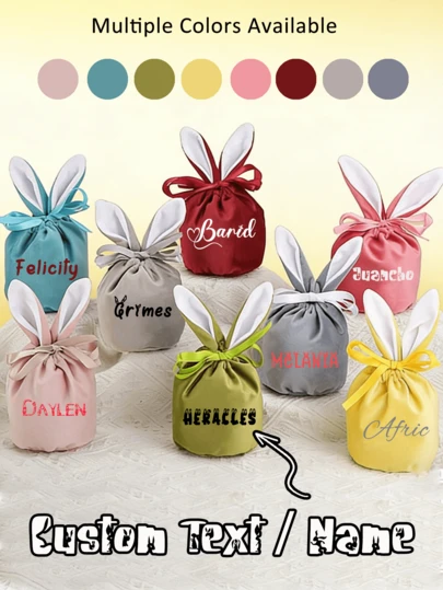 Customized Easter Gift Bag, Custom Text/Name, Customizable Drawstring Bag, Easter Bunny Drawstring Bag, Customizable Easter Bunny Drawstring Bag, Customizable Plush Bunny Ear Gift Bag, Chocolate Candy Bag