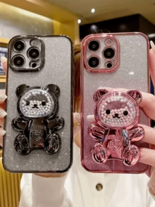 Luxury Plated 3D Cute Bear Concealed Stand+6D Sparkling Pink Paper+Silver Edge Phone Case, Romantic Love Beaded Bear Concealed Stand, Suitable Compatible With Apple 16, 15, 14, 13, 12, 11 Pro Max, Transparent Shockproof And Anti Drop Soft Protective Case - Silver - View 3