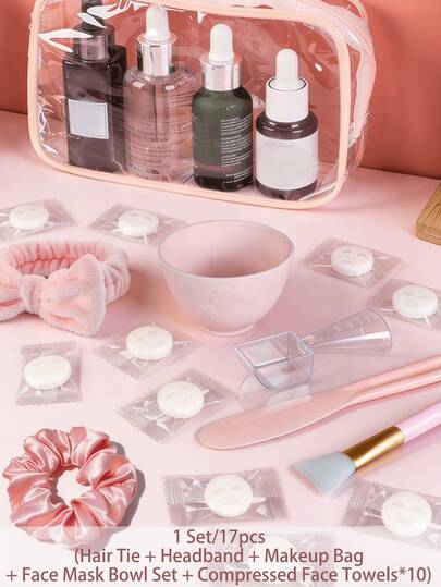 1 Set/17pcs Women Travel Organizer Set, Includes (Hair Tie + Headband + Makeup Bag + Face Mask Bowl Set + Compressed Face Towels*10), Suitable For Travel Or Daily Carry, Wedding Favor Gift Set|Spa Birthdayparty Supplies For Girls