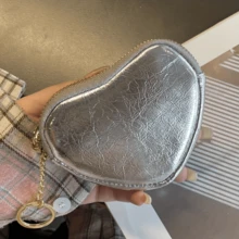 Monedero Mini en Forma de Corazón de Cuero Genuino Plateado, Portallaves Bonito y Cartera Pequeña a la Moda para Mujeres - plateado - Ver 2
