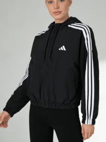 Adidas Women's 3-Stripe Windbreaker Jacket, Minimalist Design, Suitable For Outdoor, Fitness, Training, Hooded Sportswear, JZ2162 - Black/white - View 2