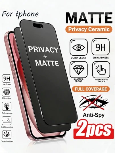 2片装磨砂陶瓷屏幕保护膜，兼容 17e/17 Pro Max/17 Pro/17 Air/17/16 Pro Max/16 Pro/16 Plus/16/15 Pro Max/15 Pro/15 Plus/15/14/13/12等机型，柔韧可折叠陶瓷膜，全覆盖磨砂表面，防刮花，触感顺滑，保护隐私，防指纹涂层，不留水渍，兼容手机壳，易于安装，无气泡，完美贴合，生日礼物，派对必备，万圣节礼物，送给亲朋好友的礼物