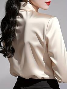 Plus Size Solid Color Lapel Collar Long Sleeve Shirt, Fashionable Elegant Office Commute Versatile Long Sleeve Shirt With Metal Buttons Spring Vacation - Champagne - View 2