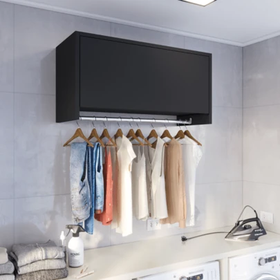 Armário Suspenso Delta Lavanderia com Cabideiro e Porta Moderno Preto