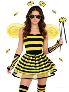 Carnival Bee Themed Party Costume Props Set, Includes Bee Socks, Arm Sleeves, Skirt, Headband, Glasses, Wand, Wings, Made Of Polyester Fiber - Yellow - View 5