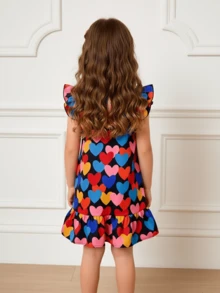 女童彩虹爱心印花连衣裙，短袖A字娃娃裙，荷叶边下摆，甜美公主风休闲度假百搭连衣裙 - 黑色 - 查看 5