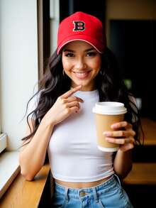 1顶女士个性化A-Z字母拼接棒球帽，长帽檐防晒帽，可调节透气休闲运动帽，适合户外和日常佩戴 - 紅色 - 查看 5