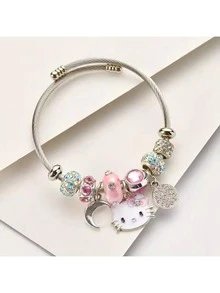 Sanrio 1pc Hello Kitty Charm Bracelet, Cute Pink Beaded Bracelet With Rhinestone, Star And Moon Pendants, Y2K Style Silver Fashion Jewelry, Ideal Gift For Valentine's Day And Hello Kitty Fans - Multicolor - View 9