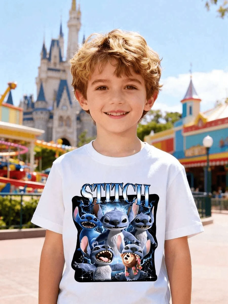 Disney Boys' T-Shirt, Creative Lilo & Stitch Live-Action Stitch Alphabet Print, Summer Boys' Cotton Crew Neck Short Sleeve, Suitable For Everyday Wear, Vacations, Outdoor Activities, And As A Gift For Kids. - trắng - Xem 1