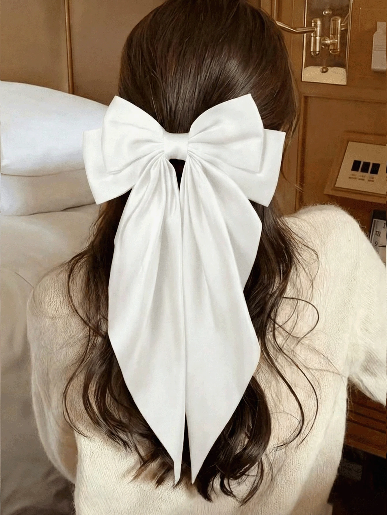 1个超大缎面蝴蝶结发夹，适合女士和女孩，特大丝绸蝴蝶结发卡，可爱法式美感发饰，大蝴蝶结丝带发夹，适合斋月、情人节、婚礼、派对、日常佩戴（白色蝴蝶结），女士发饰，头部饰品，发夹，发卡，发卡