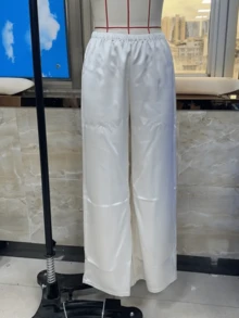 Women's Spring Summer Satin Pants High Waist Solid Color Loose Wide Leg Trousers - Coffee Brown - View 5